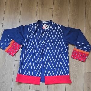 NWT KAAS Blue Zigzag Patterned Jacket with Red Accents Sz M